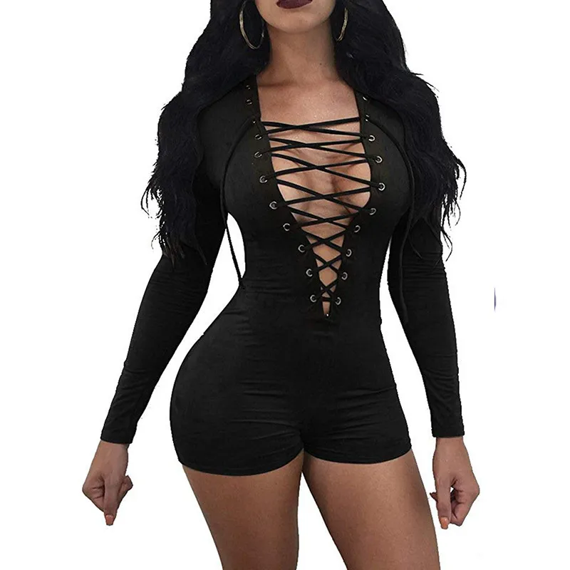 Sexy Lace Up Bodysuit Women Slim Fit Deep V Neck Playsuit Long Sleeve Bodycon Rompers High Street Short Jumpsuit Casual Overalls T200704