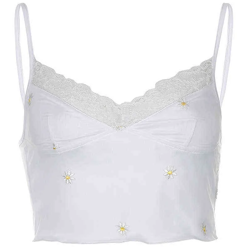 Dentelle blanche Sexy sans manches Spaghetti sangle haut été imprimé dos nu Cami culture hauts femmes col en V imprimé col en V G220228