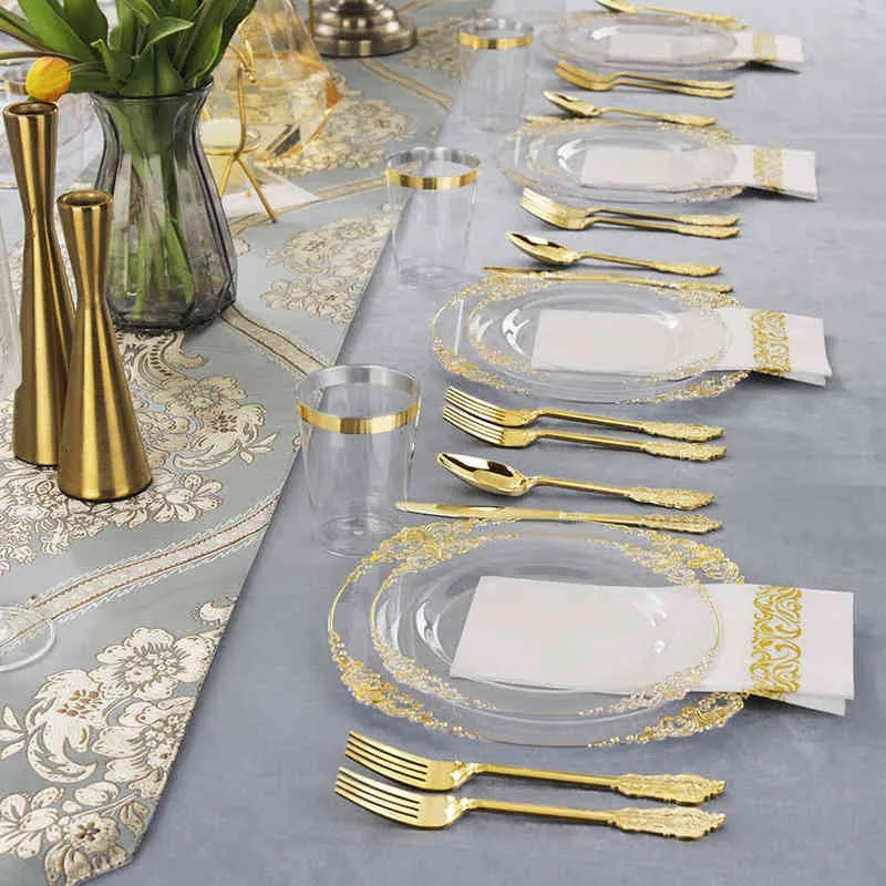 vaisselle jetable plateau en plastique doré transparent avec verres d'argenterie jetables fournitures de fête de mariage d'anniversaire 211216