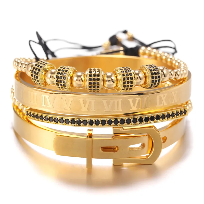 Bracelets pour hommes, ensemble de 4 pièces, en acier titane, chiffres romains, couronne en or, breloques, perles en macramé, Bracelet tressé 291T