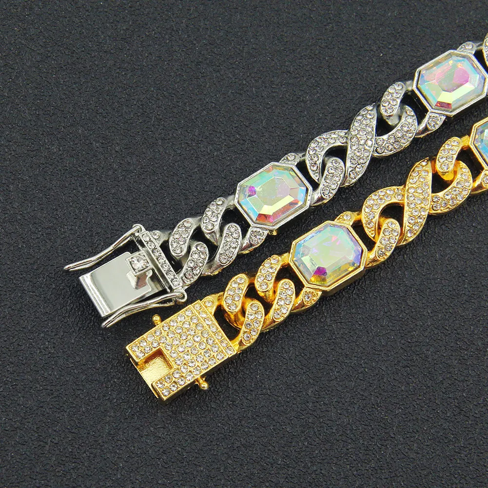 Modepersonlig ny rektangulär färg Rhinestone 8 Word Chain Stitching Cuban Chain Necklace Armband för Woen Hip Hop -smycken Cool Kort klavikelkedja