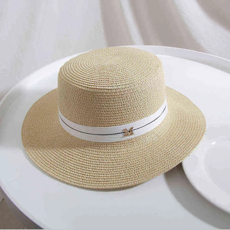 Новая мода женщины плоские верхние солнце шляпа женское лето m письмо соломенная шапка лето козырек шапки дамы солнцезащитный крем пляжные шляпы путешествия шляпы G220304