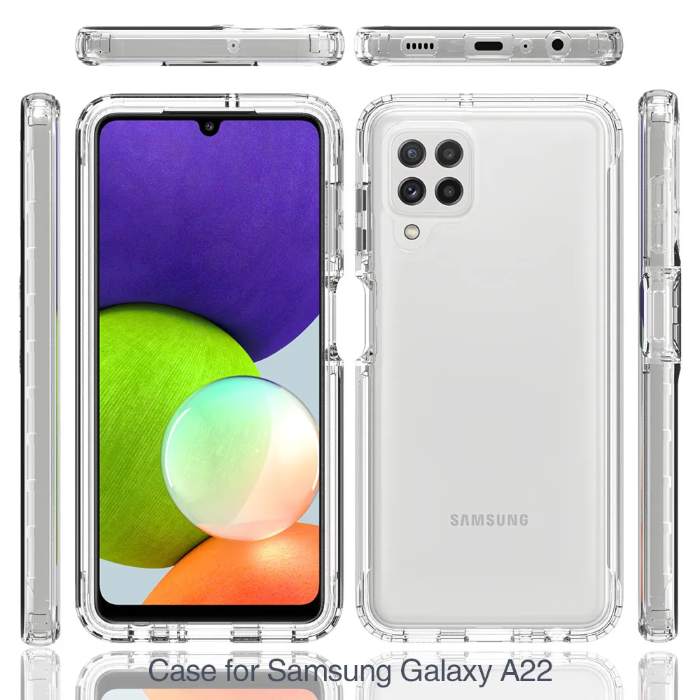 2 i 1 robust rustning stötsäkra fall för Samsung Galaxy A22 4G Anti-slip Soft TPU Bumper Hard PC Transparent akrylbackskydd