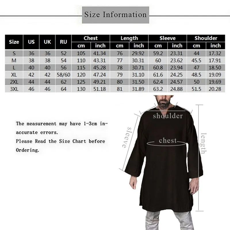 Long Shirt Men Medieval Tops Men's Long Sleeve Plain T-shirt Oversized Retro Vintage Tunic Stage Costume Knight Top 201202264B