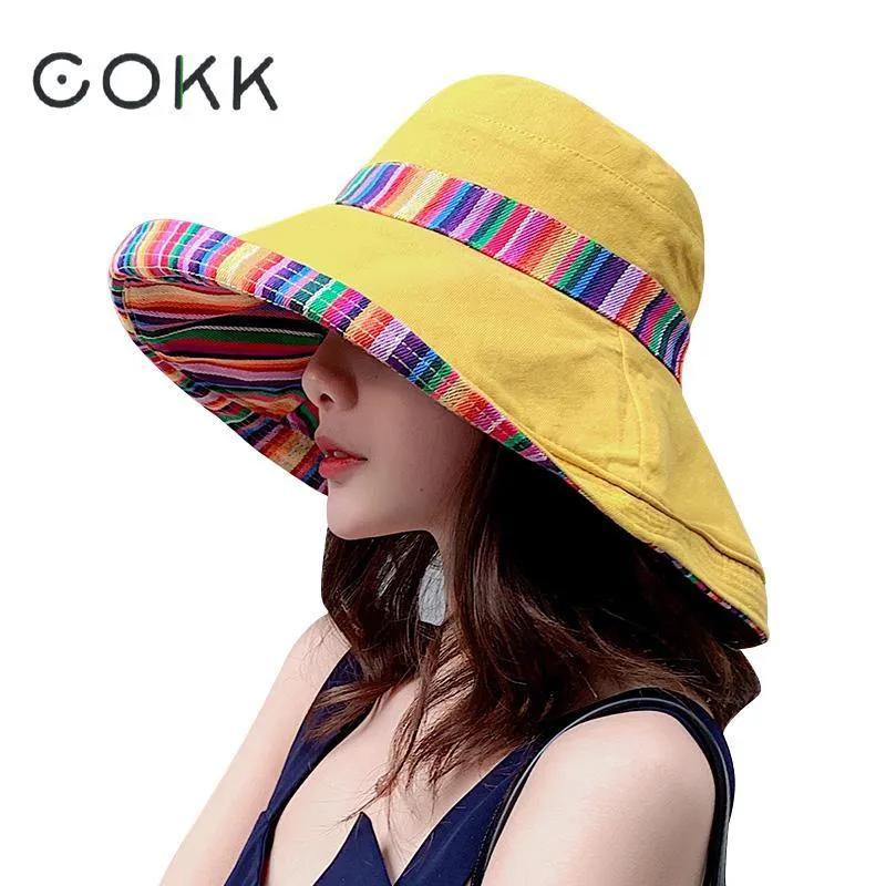 COKK femmes chapeau d'été disquette casquette de pêcheur Double face chapeau de soleil femme Large grand bord bohême Sunhat chapeau de plage casquette vacances nouveau 2209q