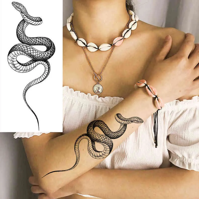 Tatuagens temporárias de cobra preta para homens adultos serpent serpente lua realista tatuagem falsa transferência de água elegante tatoos papel 07545215