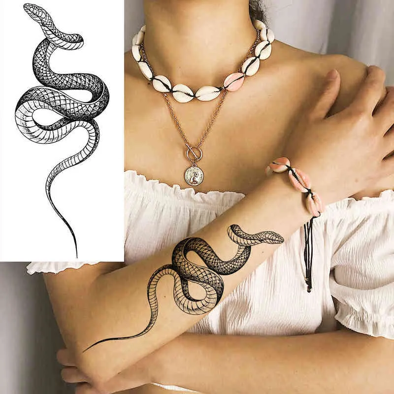 Tatuaggi temporanei dell'avambraccio di serpente nero le donne Uomini adulti Serpente Luna Realistico tatuaggio finto Elegante trasferimento dell'acqua Tatuaggi Carta 0304