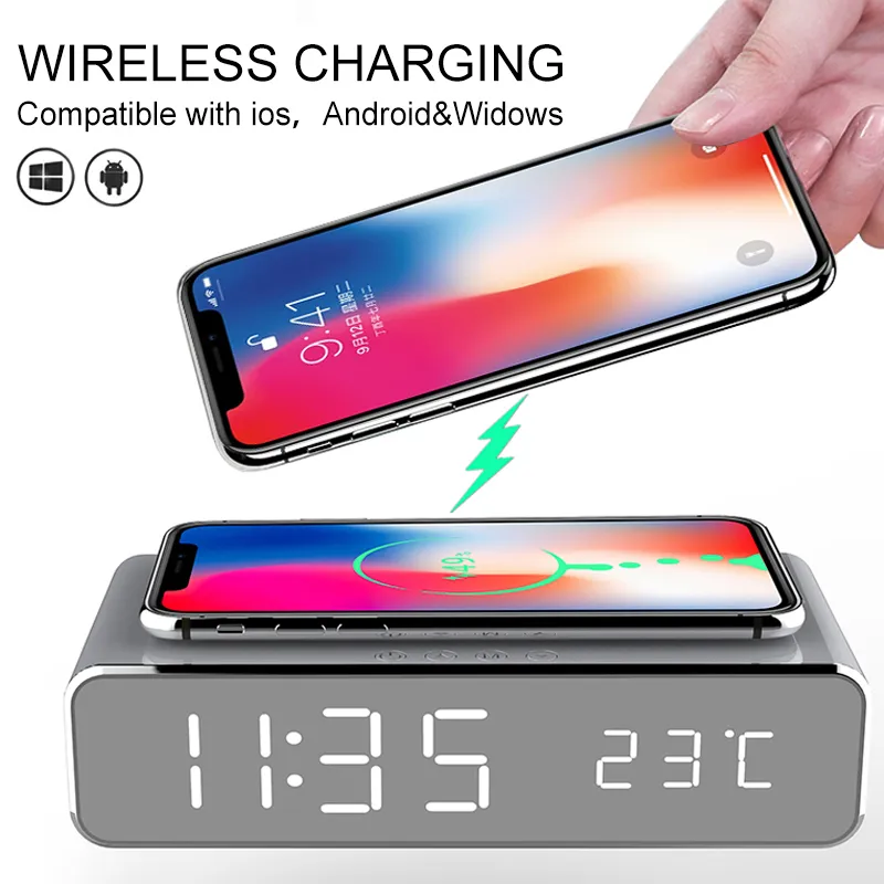 Electric LED Alarm Clock With Mobile Phone Wireless Charger HD Mirror Time Memory Digital Thermometer 220311