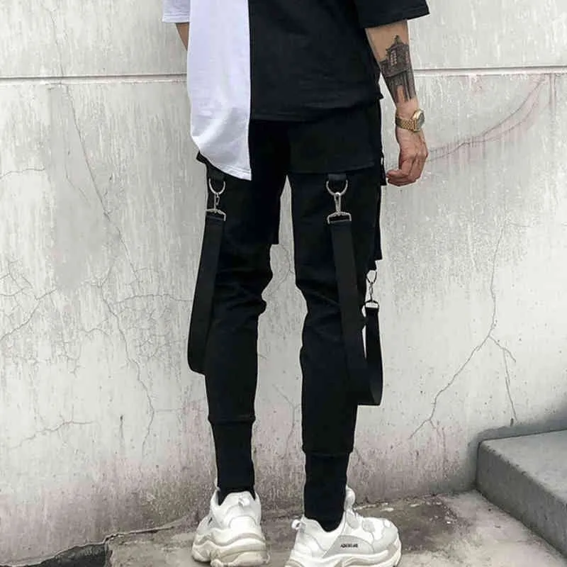 2021 Hiphop Streetwear Jogger Pant Men Black Multi-Pocket Ribbons Byxor Bomull Casual Street Style Sweatpants Män H1223