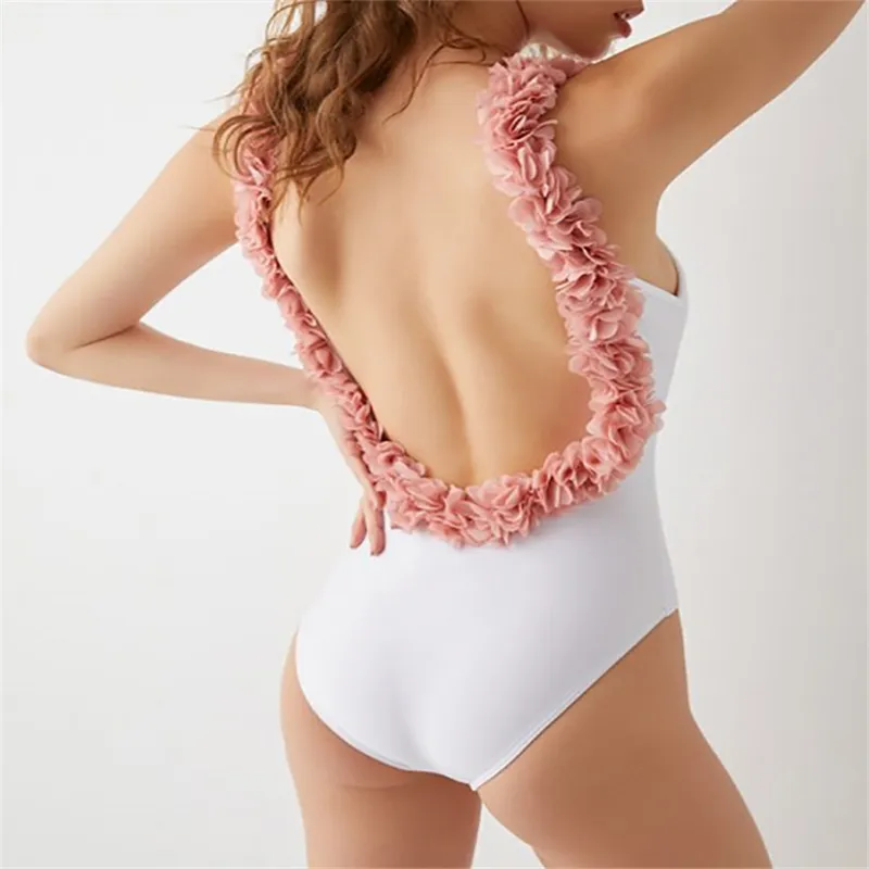2020 Solid Backless Back 3D Flower Meninas de banho de nadar na cintura alta preto roupas de banho branca de natação sexy t200708