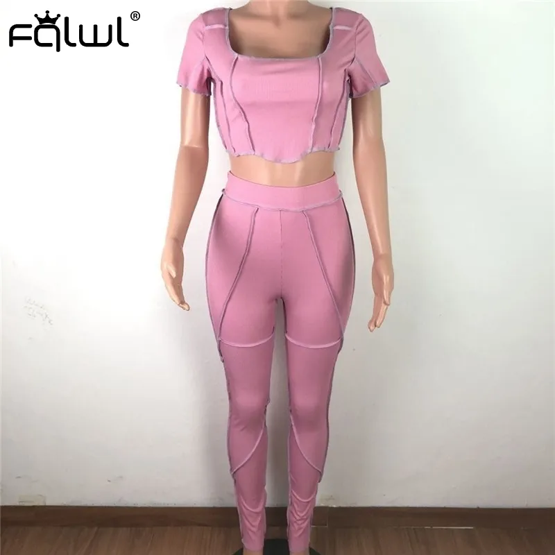 FQLWL Maglia Rosa Due pezzi Estate Sexy Club Oufits 2 pezzi Set Donna Crop Top e pantaloni impilati Donne Set coordinati Tuta T200821