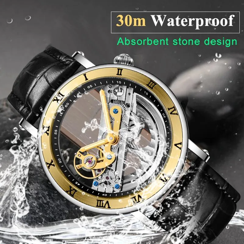 ForSining Fashion Transparent Skeleton Mechanical Men tittar på läderstarp Business Clock Mens Automatic Wristwatch1267G