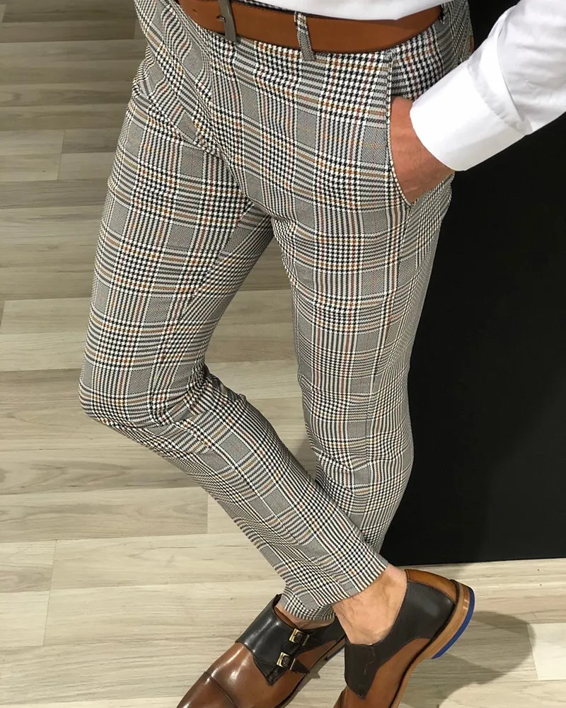 Calças xadrez masculinas Verificada formal elegante business business office terno calças slim fit corredores Tartan Skinny Elastic Sweatpants 201188