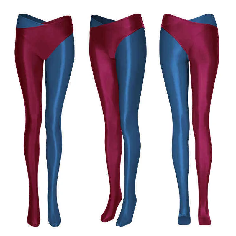Cross Two-Color Split Leg Pose Workout Leggings Shiny Yoga Pants Sexig andningsbar hög midja oljiga strumpbyxor Sport Women Fitness H1221
