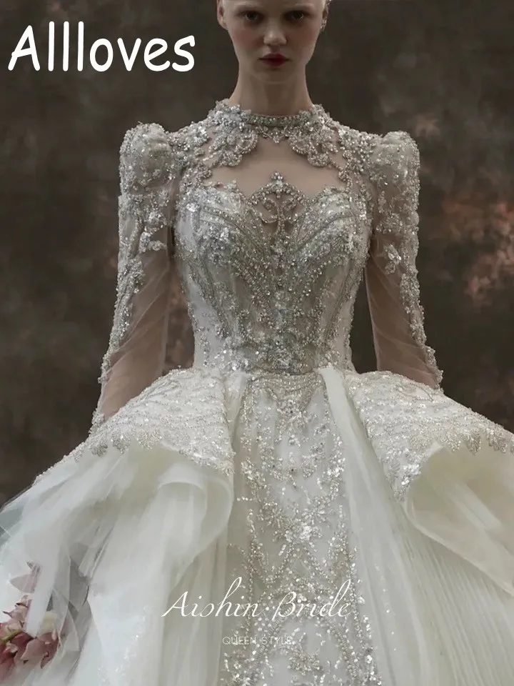 Luxuriöse funkelnde Kristalle Spitzenballkleid Brautkleider mit langen Ärmeln Dubai Arabisch funkeln