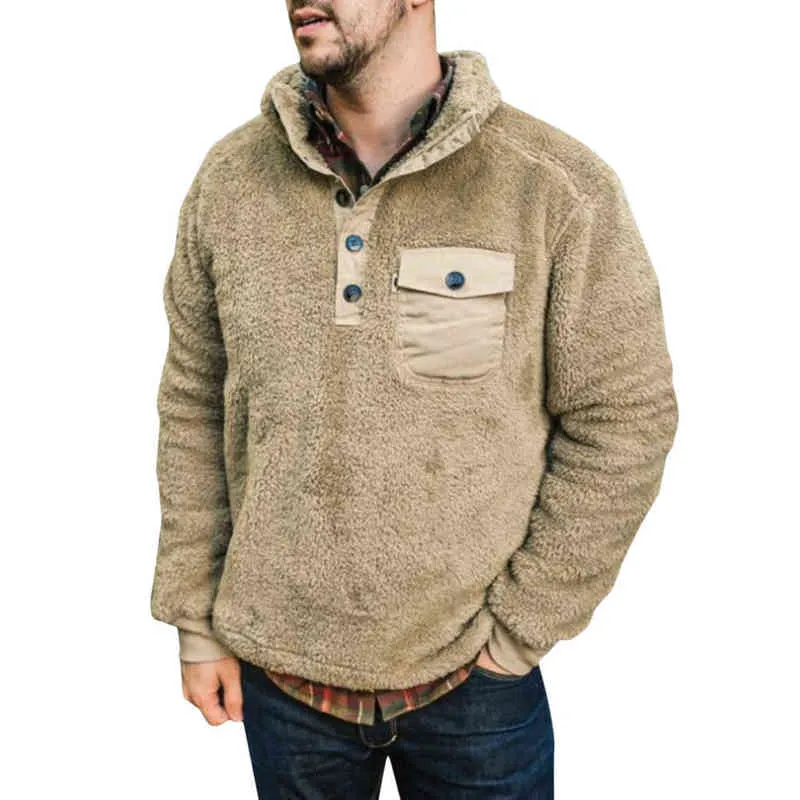 Мужская пуловерная куртка зима повседневная сплошная перемычка пальто одежды сгущающиеся теплые толстовки карманные кнопки с длинным рукавом вязаный свитер 211221
