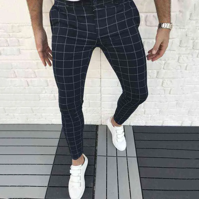 Erkek pantolon akıllı gündelik moda erkek giyim ekose kalem pantolon ince orta bel jogger rahat pantolon pantolon erkekler için x220214