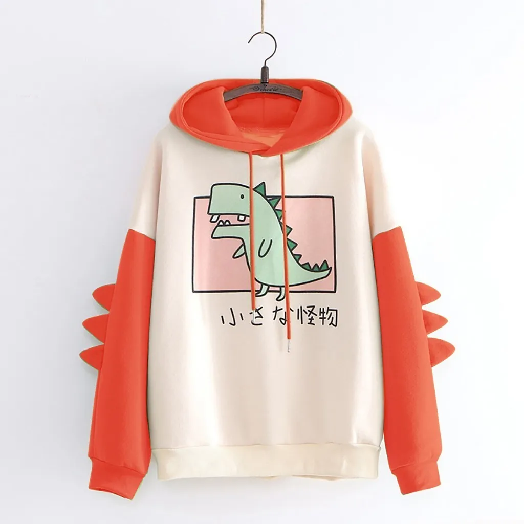 Dinozor Tişörtü Kadın Hoodies Sıcak Kazaklar Tops Boynuzları Ile Harajuku Kapşonlu Kız Gençler Sevimli Kawaii Kapşonlu Tişörtü Yeni T200727