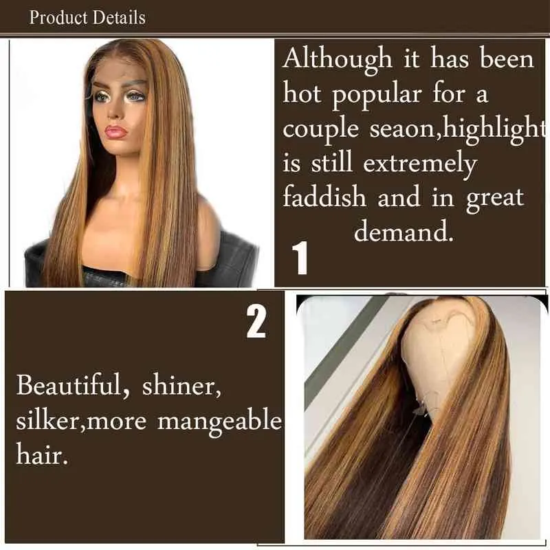 Highlight Straight Lace Front Wig P4/27 Honey Blonde Brown Pre Plucked Brazilian Remy Lace Frontal Human Hair Wigs For Women