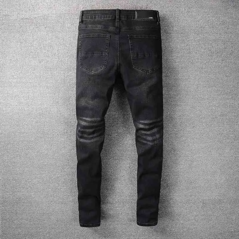 дизайнерские джинсы Amirrss мужские брюки новые американские повседневные хип-хоп уличные изношенные и изношенные джинсы Slim Fit с чернильной росписью # 688 FB6O