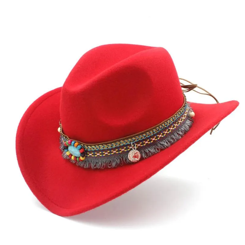 Chapeau de Cowboy occidental creux en laine pour enfants, avec ceinture à pampilles, chapeau de Jazz pour filles, casquette Sombrero, taille 52-54CM, pour 4-8 ans, 210o