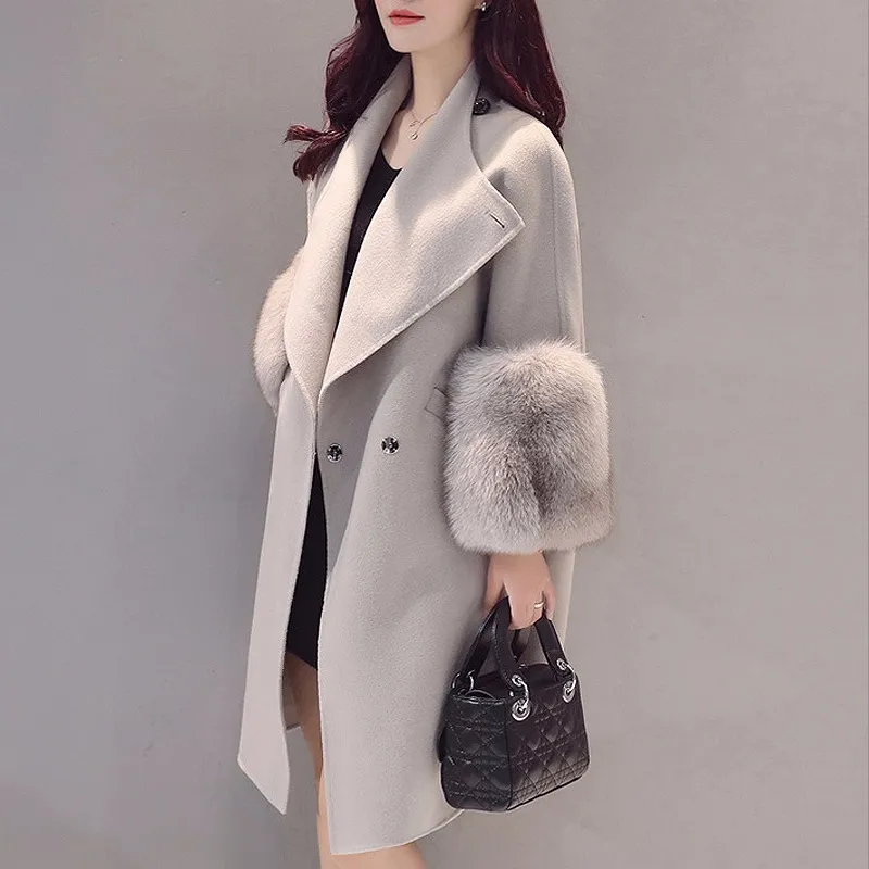 Casaco 2020 Autumn/Winter Woolen Coat Jackets Warm Wool Blend Faux Fur Sleeve Long Turn-down Collar Loose Coats Large Size XXL LJ201106