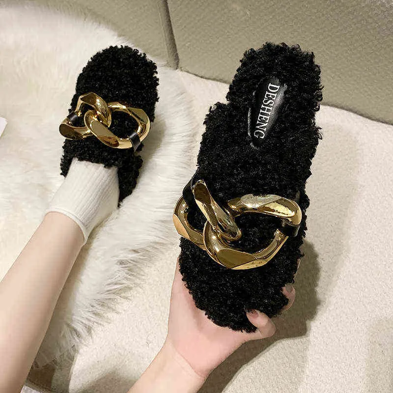2022 NEW Brand Design Women Slipper Fashion Gold Chain Slip on Mules Shoes Winter Warm Lambswool Slides Casual Flat Flip Flop Y220221