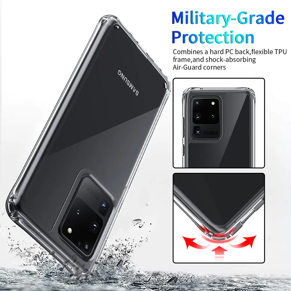 Coques de téléphone transparentes hybrides pour Samsung Galaxy S20 Ultra Note 20 S21 Plus Housse de protection rigide en silicone transparent Marque originale