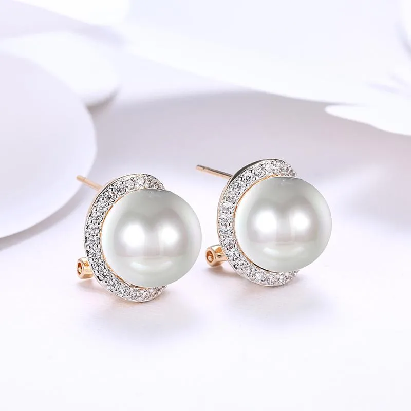 Stud Wedding Jewellry White Cubic Zirconia Pearl Earrings Gold Overlay for Women Fashion Jewelry E20961155RR