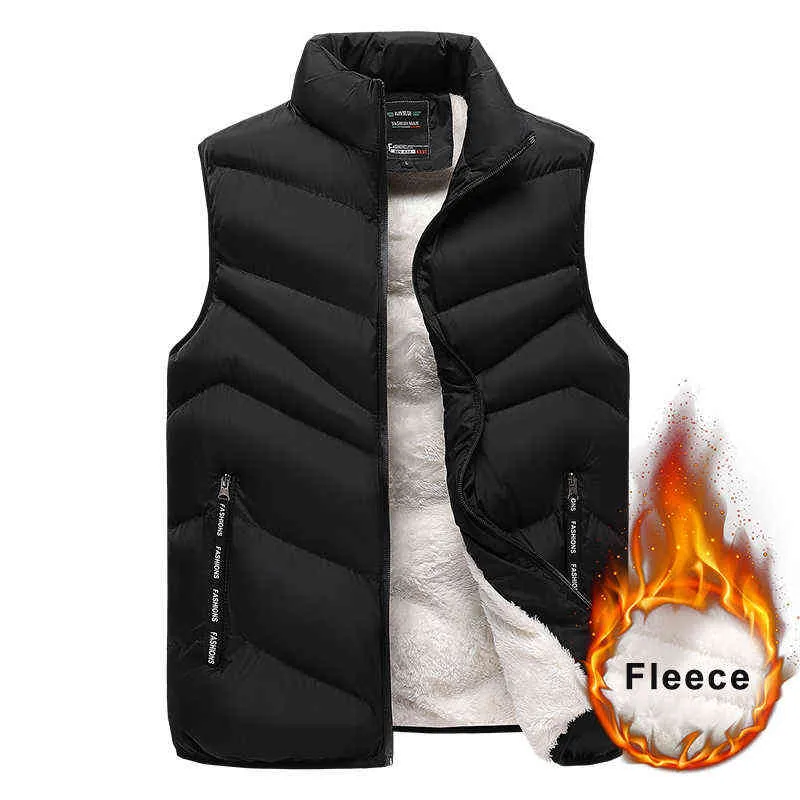 Zip Pockets Men's Winter Fleece Warm Vest ärmlös jacka Stand Collar Thermal Waistcoat Gilet Men tjocka bomullsvästar 211230