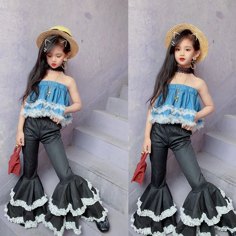 Spring and Summer Girls' Small Fragrance Style Suit New Wrapped Chest Top + Lace Lace Bell Pants Suit Children's Ladies