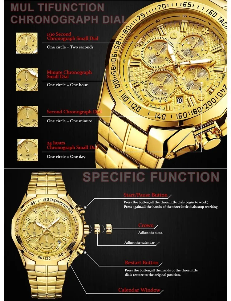 WWOOR Luxury Gold Mens Watch Top Brand Sport Big Watches For Men Waterproof Quartz Date Wristwatch Chronograph Male Reloj Hombre T263m