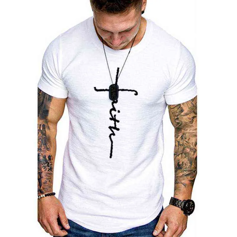 T-koszulka na męską wiarę druk literowy Tshirt Summer Men Odzież uliczna stała kolor za okrągły szyję koszulki z krótkim rękawem Tops Y220214