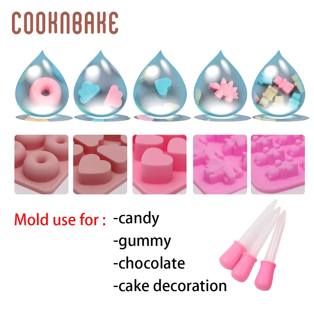 COOKNBAKE Gummibärchen-Silikonform für Süßigkeiten, Schokolade, 5-teiliges Set, Kuchendekorationswerkzeug mit Tropfer, Mini-Donut-Dinosaurier, T2007032357