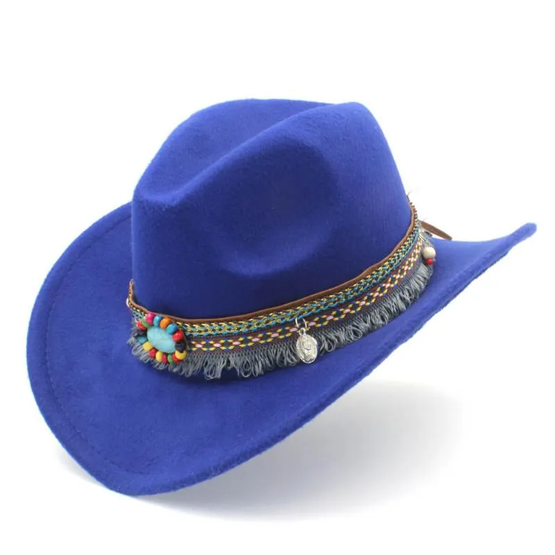 Child Wool Hollow Western Cowboy Hat With Tassel Belt Kids Girl Jazz Hat Cowgirl Sombrero Cap Size 52-54CM For 4-8 Years210o