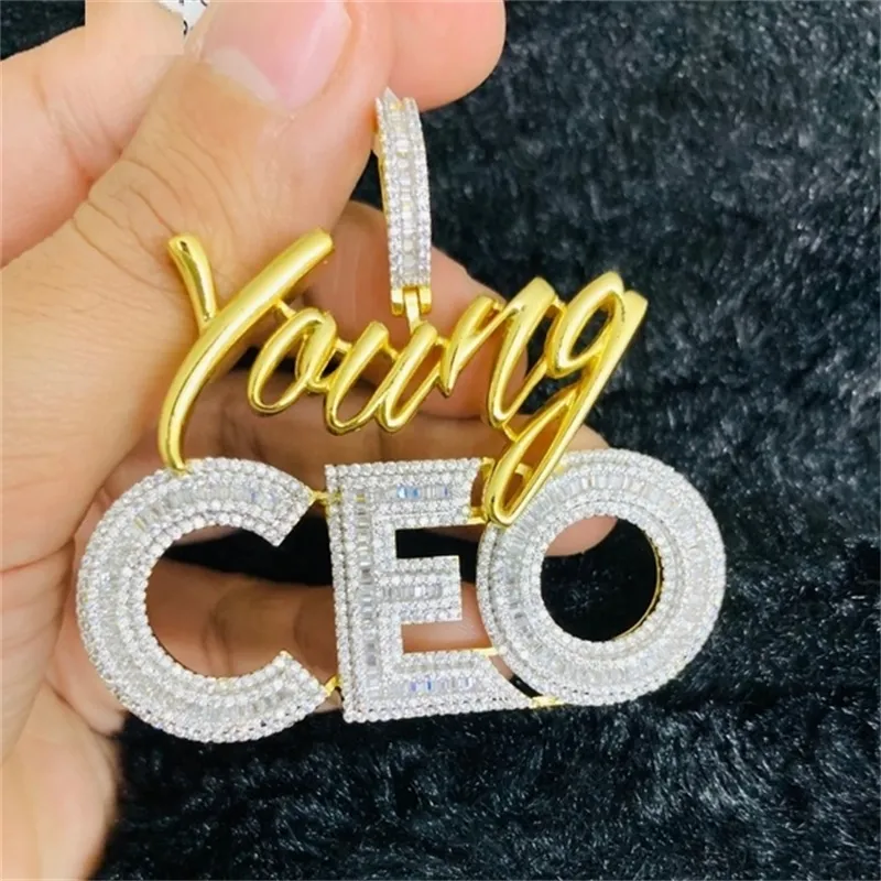 High quality Hip hop bling men jewelry 5A cubic zirconia iced out bling baguette cz Young CEO pendant necklace rope tennis chain 2227S