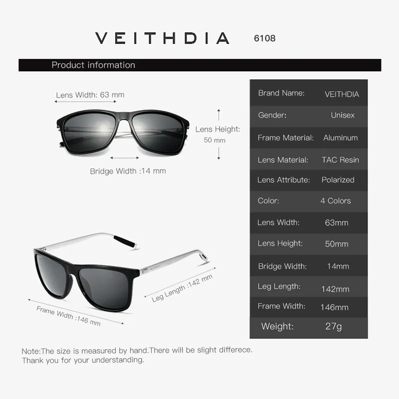 Veithdia Brand للجنسين Retro Aluminium TR90 نظارة شمسية مستقطبة العدسة عتيقة إكسسوارات نظارات الشمس للرجال 2220302215S