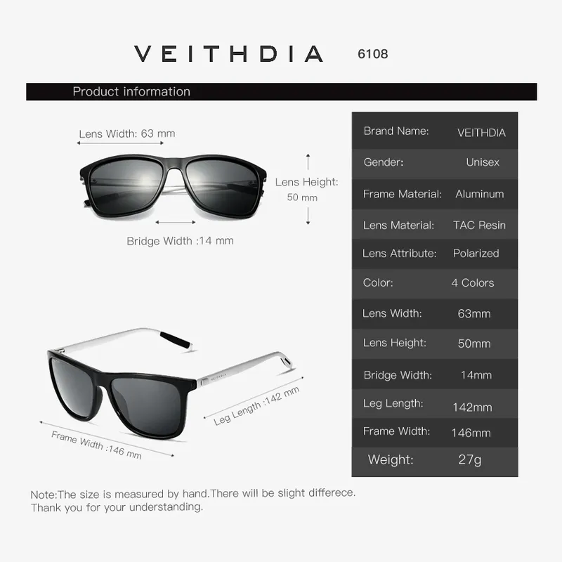 Veithdia varumärke unisex retro aluminium TR90 solglasögon polariserade lins vintage glasögon tillbehör solglasögon för män kvinnor 2 220302290g