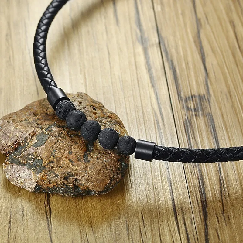 Men's Lava Stone Rock Braid Leather Choker Necklace Men Boho Hippie Male Jewelry Surf Necklaces in Black Color 220212290M