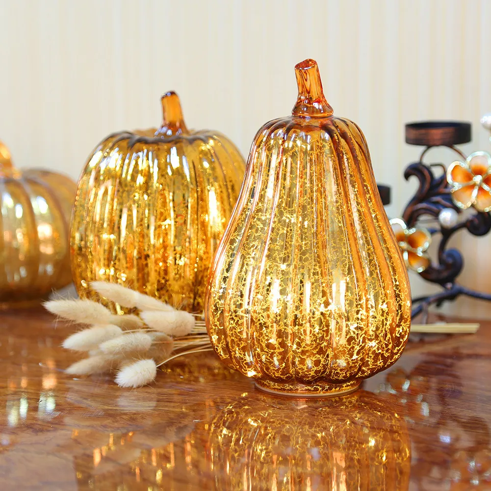 Día de Acción de Gracias de cristal de la calabaza de luz LED que brilla intensamente Delicada lámpara decorativa de Halloween Suministros para la fiesta de Halloween Decoraciones de otoño 201028