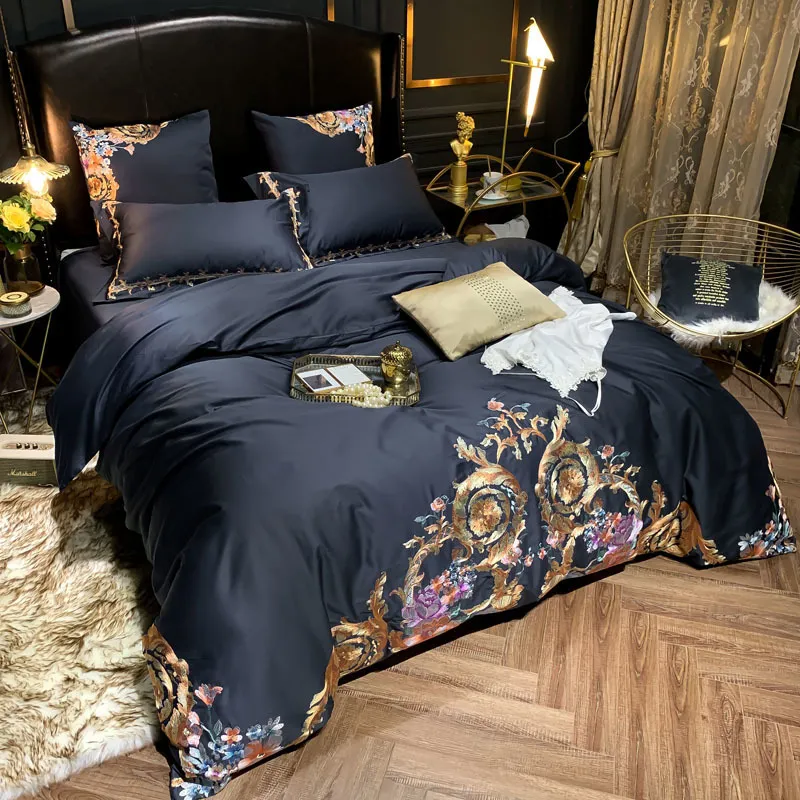 Luxury Egyptian Cotton Navy Blue Bedding set Premium Embroidery US Queen King size 4/Duvet cover Bed Sheet Pillow shams LJ200819