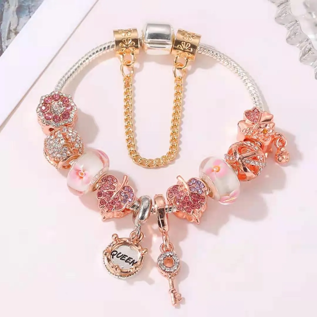 Bracelet à breloques en or rose, perles roses, chaîne serpent en argent 925, bracelet pendentif reine, accessoires bijoux à bricoler soi-même pour la Saint-Valentin gi241B