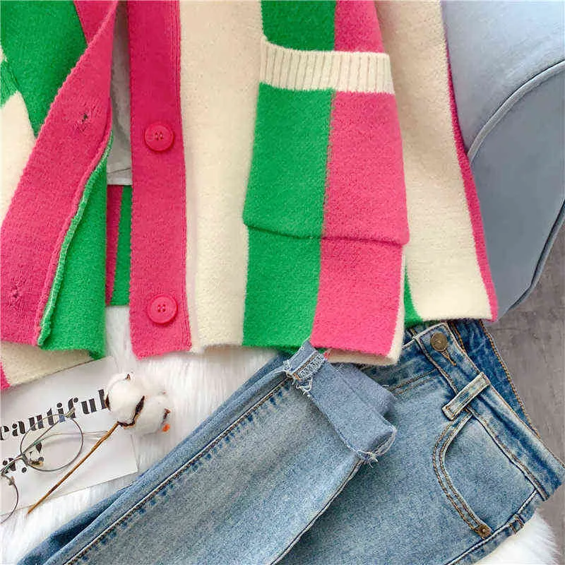 Korean Girls Sweaters Autumn Sweater Colorful Striped Cardigan Women's Single Breasted V-neck Knitwear Cozy Loose Cardigans 220112