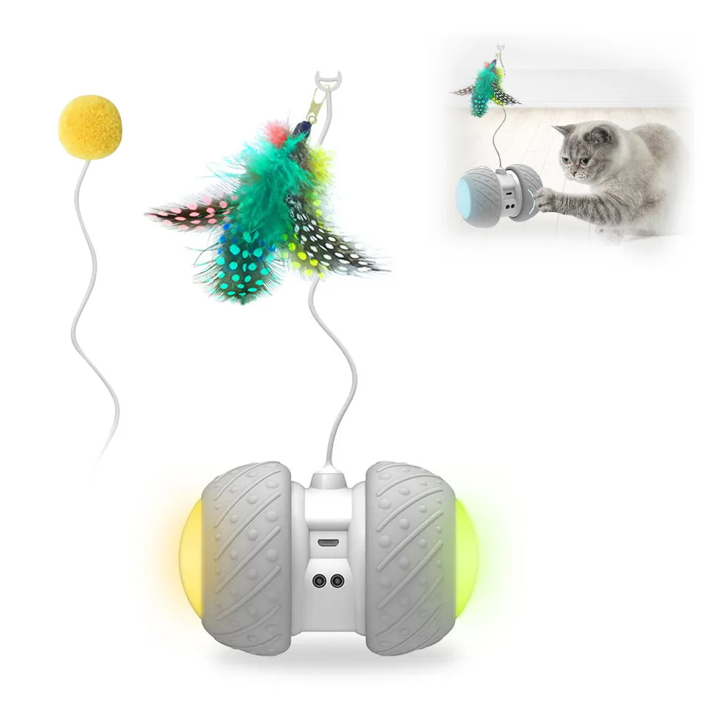 LED Tekerlekli Pet Otomatik Teaser Şarj Edilebilir Flaş Rolling Renkli Sticker Tüy Oyuncak Elektronik Kedi Oyuncakları LJ201125