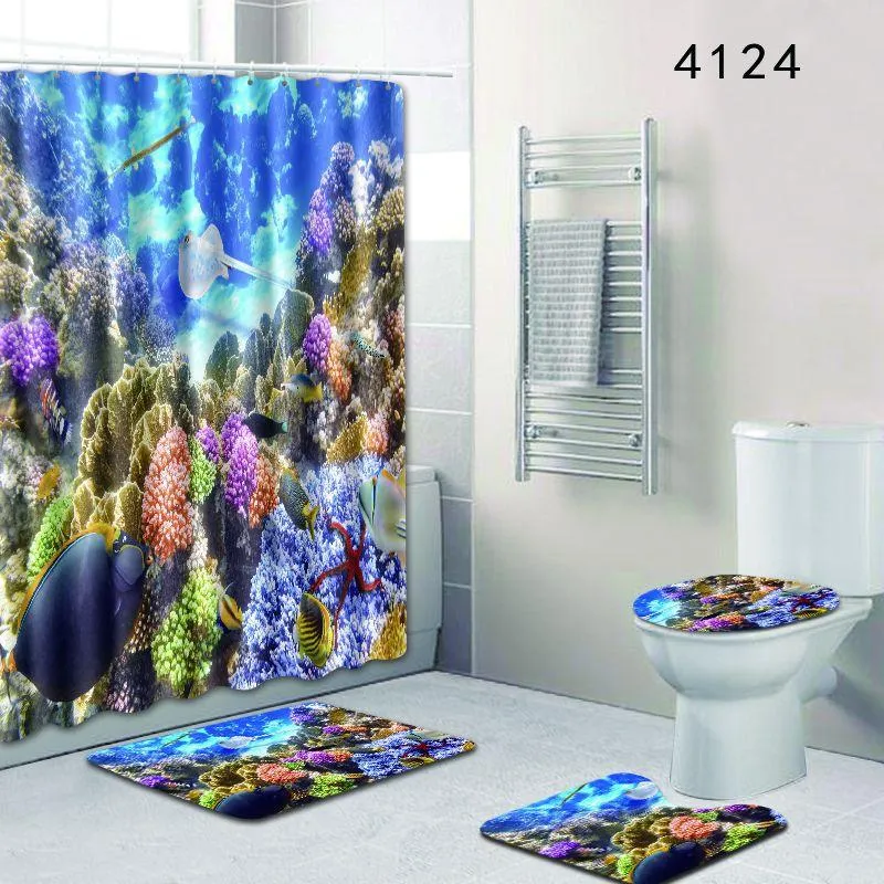 180X180cm Shower Curtain Bath Mat Set Ocean Dolphin Deep Sea Bathroom Waterproof with 12 Hooks Toilet Cover Bath Mat Set201H