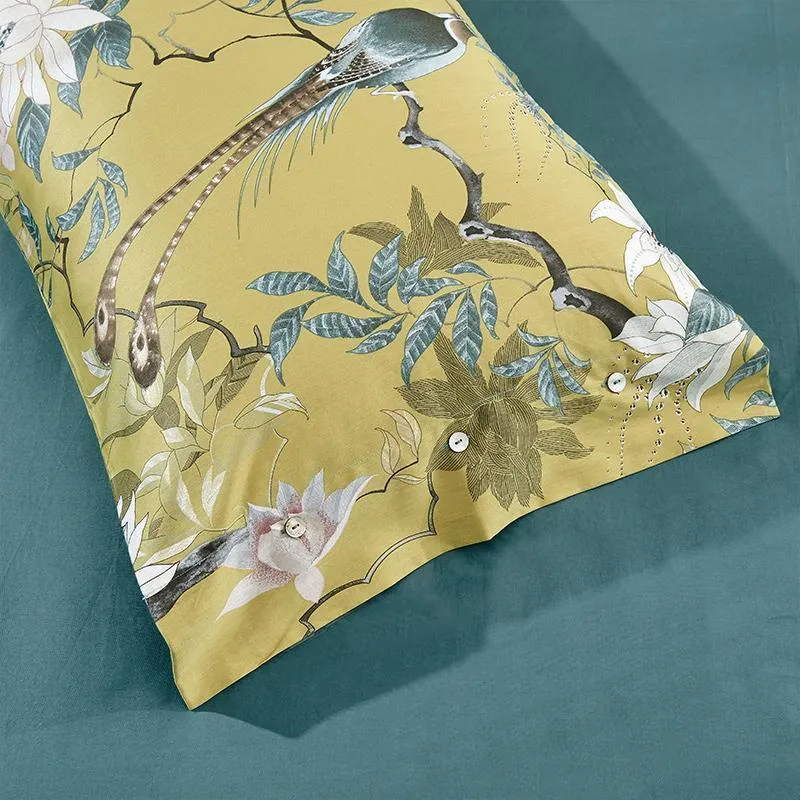 Yellow Silky Egyptian cotton Chinoiserie style Birds Plant Duvet Cover Bed sheet Fitted sheet set King Queen Size Bedding Set 201021