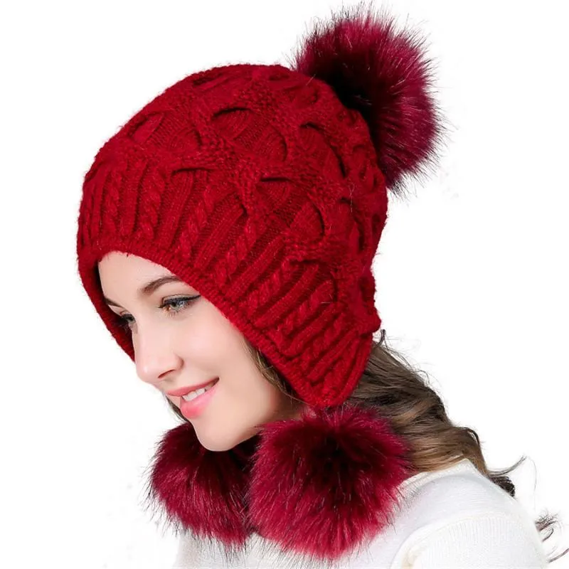 Bonnet Skull Caps Femmes Chapeaux Automne Hiver Laine Bonnets Chapeau Trois Boule De Cheveux Dos Ouvert Tricot Double Épais Fourrure Bonnet Bonnet Cap267v