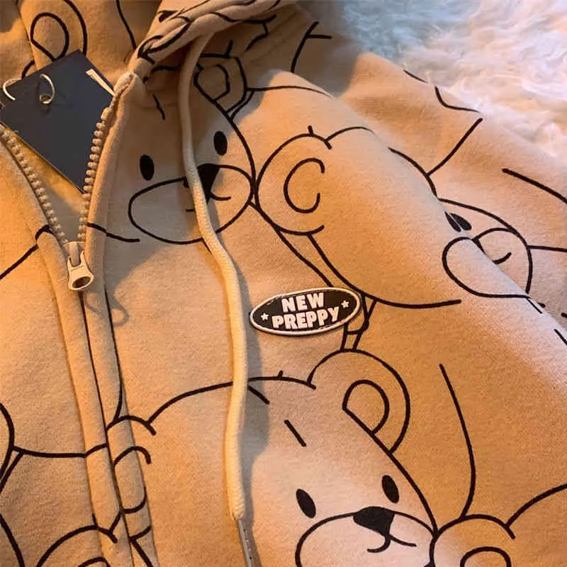 Fashion Bear Print Hoodies Sweatshirt Kvinnor Höst Vinter Tjockerad Khaki Coat Nya Koreanska Loose Zipper Oversize Jacket