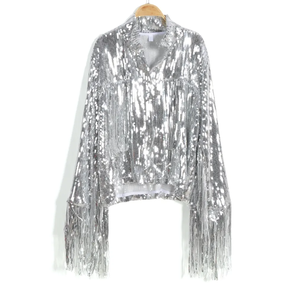 Women's Tassel Sequin Jacket Autumn Winter Streewear Rock BF Retro Long-sleeved Silver Reflective Jacket Women Outwear Tops 201112