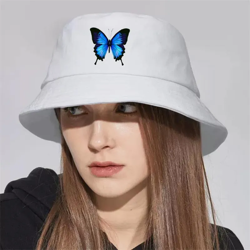 Blue Butterfly Harajuku Fisherman's Hats Sunscreen Casual Beach Sun Cap Outdoor Unisex Bucket Hat Foldable Cotton Panama Caps222Z